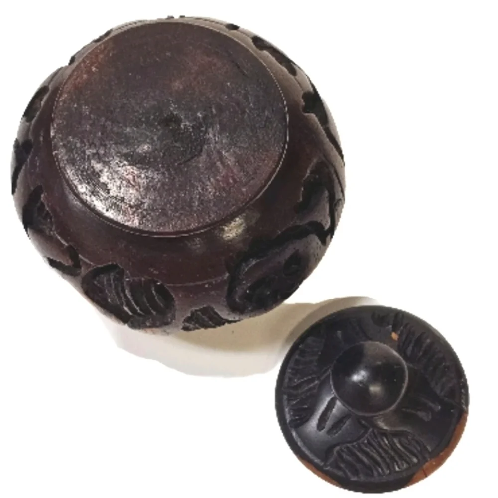 Wooden Brown Bowl Jar Trinket With Lid Elephant  Rhino Buffalo Design Handcarved